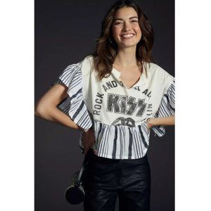 Pilcro Anthropologie Graphic Band Babydoll Tee Blouse Top Ruffle Stripe